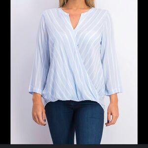 41 Hawthorn STITCH FIX Sky Blue Striped Faux Wrap Blouse